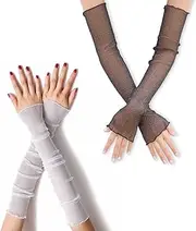[YATEICBC] 2 Pairs Tulle Fingerless Arm Warmers Women's Cool Sleeve Ultra Thin Fingerless Elbow Summer Gloves Sunscreen UV Mesh Perfect for Party Outdoor Sports Activities