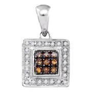 14k White Gold Cognac Brown Round Diamond Square Pendant 1/6 Cttw