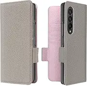 [LANJLM] Samsung Galaxy Z Fold 4 5G Wallet Case Genuine Leather Magnetic Buckle Flip Case Card Holder Shockproof Flip Cover - Gray & Pink
