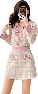 [JYHBHMZG] Women Lattice Two Piece Set Autumn Korean Beading Short Jacket Coat+High Waist Mini Skirt 2 Piece Outfits