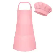 Kids Apron and Chef Hat Set Adjustable Child Art Aprons with 2 Large E-pink
