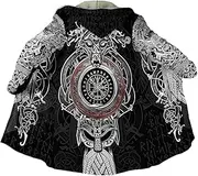 [YOROOW-OUTDOOR] Vikings Hooded Coats, Nordic Printed Artificial Lambswool Mid-Long Parka Jacket Men's Winter Warm Robe