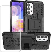[SDTEK] Case Compatible with Samsung Galaxy A23, Rugged Armor Phone Cover Integrated Stand + Glass Screen Protector 360 Degree Protection Case (Black)