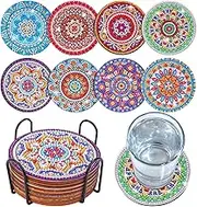 BSRESIN 8 Pcs Coasters with Holder, Mandala DIY Diamond Art Crafts for Adults, Small Diamond Painting Kits Accessories