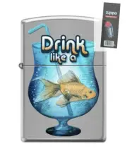 Zippo 209533 Drink Like a Fish Chrome Lighter + FLINT PACK