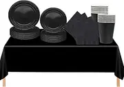 69Pcs Black Tableware Set: Plastic Table Cloth, Paper Plates, Napkins, Cups for Halloween, Birthday, Xmas Party Supplies - Decorations for Kids and Adults