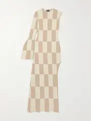 [A.W.A.K.E. MODE] A.W.A.K.E. MODE - Asymmetric Checked Knitted Maxi Dress - Beige - small small Neutrals