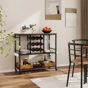 CostwayHome Serving Cart on Wheels with Glass Racks for Kitchen Dining Room and Living Room-Rustic Brown