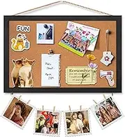 Cork Board Bulletin Board, 16 x 11 Inches Wooden Frame Pin Board, Cute Cork Boards for Walls Hanging for Office, Home Decor, School (Pins, Clips, Strings) Black