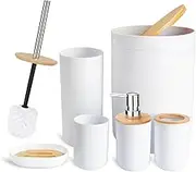 Bamboo Bathroom Accessory Set, 6 Pieces Bath Set- Soap Dish Toothbrush Holder Rinse Cup Lotion Bottle Trash Can Toilet Brush - Practical Toilet Kit for Home Washing Room (White)