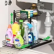 SUMAITech Sink Base Cabinet Organiser, Metal, Extendable Sink Organiser with 2 Levels Sliding Drawers, Base Cabinet Organiser, Free Height Adjustment, Under Sink Shelf Kitchen, Black