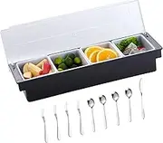 Food & Condiment Dispenser Ice Cooled Condiment Caddy,4 Compartment Garnish Stations Tray with lid,4 Spoons,4 Forks,1 Fruit Knives,Chilled Condiment Server Caddyfor Bar Home Restaurant
