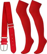 [phnydreg] Youth Baseball Socks and Belts Set Over the Knee Soccer Socks with Elastic Waist Softball Belt for Youth Boys Girls, Red