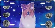 Rough Collie Dog Moonflower License Plate Frame for Car Universal, Galaxy Butterfly Flower Aluminum Car Front License Plate Cover