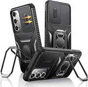[XYZ] for Samsung Galaxy S24 Case with Stand, Phone Case with Slide Camera Cover, [Foldable Double Ring Holder] [Military-Grade] Shockproof Protective Cover for Samsung S24 (Black)