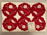 Vintage 6 Pure Irish Linen Embroidered Appliqued Red White StemWare Coasters New