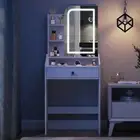 Bedroom LED Lighted Mirror Dressing Table Vanity Desk Set 3 Shelves Make up Desk