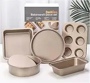 Baking Pans Nonstick Set, Bakeware Sets with Round Square Cake Pan, Muffin Pan, Loaf Pan, Roast Pan, Baking Sheets for Oven, Kitchen Cookware Sets Baking Supplies 5-Piece, Gold