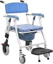 Bathroom 4 in 1 Bedside Commode Chair w/Padded Seat Folding Shower Commode Wheelchair w/Armrests and Backrest Waterproof Mobile Over Toilet Chair for Elderly Home Use