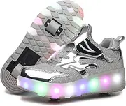 [RDJSHOP] Kids LED Flashing Wheel Roller Skate Shoes USB Charging Retractable Technical Skateboarding Shoe Outdoor Running Gymnastics Sneakers,Silver-37