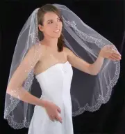 White or Ivory Austrian Crystal Silver / Gold Embroidered Hip Length Bridal Veil