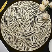 Mabbcoo Placemats Set of 6, Round Leaf Place Mats for Dining Table Hollowed-Out Pressed Vinyl Table Mats for Holiday Party Wedding Accent Centerpiece Dinner Table Decoration (Gold)