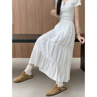「NZN」 韓版彈力收腰裙白色高腰中長蛋糕裙