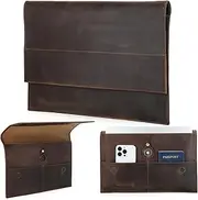 Top Grain Leather 14.2" Slim Laptop Sleeve Bag, Magnet Clasp Closure Design & 3 Pockets & AirTag Holder, Fully Handmade, Fits MacBook Pro/Air 14.2"/13.3"/Cellphone/Passport, Coffee 14.2 Inch