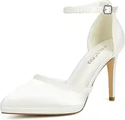[PALSCOU] Pearl Wedding Shoes for Bride Closed Toe Bridal Shoes High Heel Ankle Strap Wedding Heels