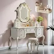 Vanity Desk, European Vintage Dressing Table with LED Mirror and 5 Drawers,Easy to Clean,Pack of Makeup Storage Box