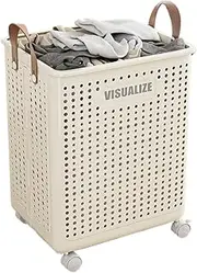 Collapsible Laundry Baskets with Wheels, 58L Multipurpose Foldable Yoga Mat Holder Accessories with Easy Carry Handles Plastic Yoga Mat Storage Basket for Dorm, Bedroom and Bathroom Laundry Bin