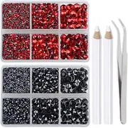 LPBeads 6400 Pieces Black and Red Hotfix Rhinestones Flat Back 5 Mixed Sizes Crystal Round Glass Gems with Tweezers and Picking Rhinestones Pen