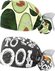 [WOSHJIUK] Working Hat 2 Pack Scrub Caps for Women,Avocado Fruit Print,Tie Back Cap Adjustable Scrub Hat