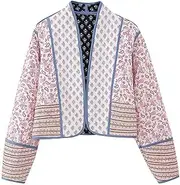 [Flygo] Women Cropped Puffer Jacket Cardigan Floral Printed Quilted Coats Lightweight Open Front Crop Padded Down Jackets
