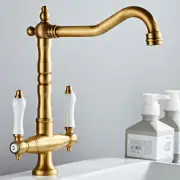 Antique Brass Basin Mixer Kitchen Faucet 360°Swivel Spout Ceramic Handle Taps