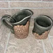 Set Of 2 ART STUDIO POTTERY Mini PITCHER And CUP green Tan Signed