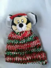 Kids Hand Knitted Beanie Red Green and White With Plush Mouse On Top