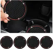 Dickno 4 PCS Bling Car Cup Coaster, 2.75 Inch Crystal Rhinestone Auto Cup Holder Insert Coaster, Anti-Slip Durable Car Drink Cup Mat, Universal Vehicle Interior Decor Accessories (Black & Red)