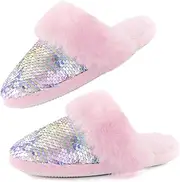 [Orthoshoes] Girls Fluffy Slippers,Sequin Faux Fur Fuzzy Slip-on House Slippers with Memory Foam House Shoes for Girls Bedroom Slippers