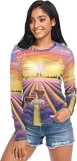 [RPLIFE] Sunset Lavender Fields Horses Womens Mesh Top, Mesh Tops for Women Sexy S-XXL