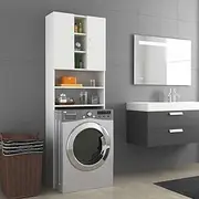 White Washing Machine Cabinet with Durable Engineered Wood, 64x25.5x190 cm | Storage Organizer with 2 Doors & 9 Compartments | Ideal Stand for Washers, Shelves & More