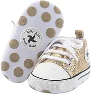 [Carphone Warehouse] Baby Boys Girls Star High Top Sneaker Soft Anti-Slip Sole Newborn Infant First Walkers Canvas Denim Shoes, B-gold, 12-18 Months Toddler