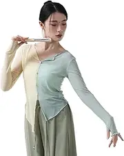 [Angcoco] Women's Bicolored Long Sleeve Stretch Sheer Blouse Tops