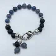 Blue Adventurine Natural Lava Bead Bracelet 7.5" Lobster Clasp Handmade