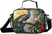 Stain Glass Peacock Insulated Lunch Box for Women Men - Ideal for Work, Picnics - Includes Adjustable Shoulder Strap