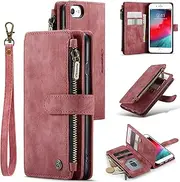 UEEBAI Wallet Case for iPhone SE 2022 5G/iPhone 7/iPhone 8/iPhone SE 2020, Handmade PU Leather Phone Case Card Slots Magnetic Zipper Pocket Kickstand Cover Flip Case for iPhone SE3/SE2 - Vintage Red