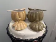 2 Pumpkin shaped condiment containers from Baum Bros. with Lids and Spoons