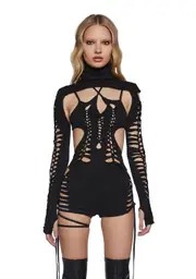 [DARKER WAVS] Chord Shredded Romper With Shrug - Black