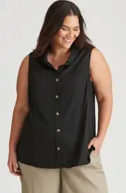 BNWT Size 26 AUTOGRAPH Black Sleeveless Linen Blend Shirt Casual Button Top