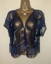 Navy Sequin Beaded bolero Sheer Mesh Xmas Tassel Fringe Cardi top 18 BNWT